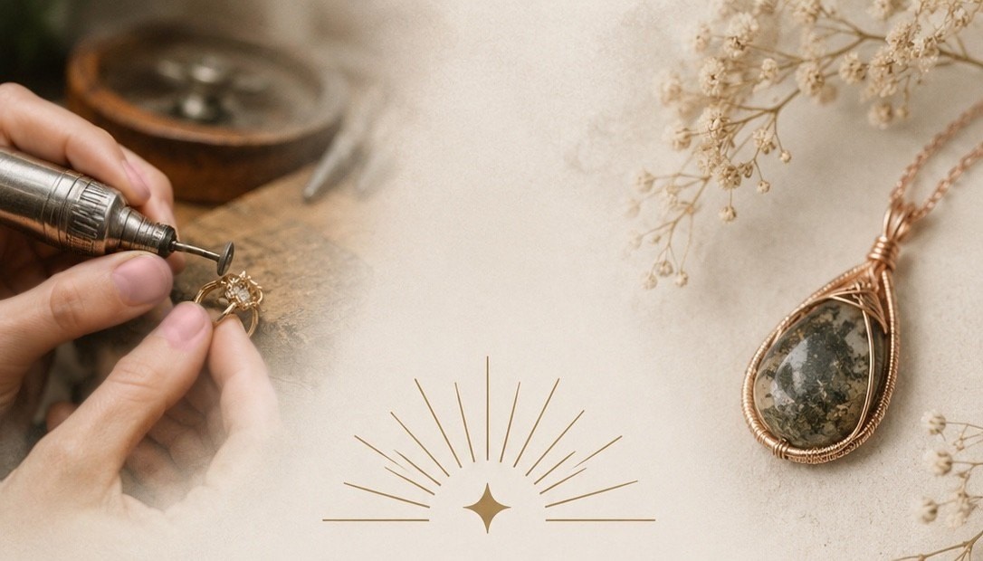 A goldsmith setting a stone in a ring by hand, alongside a wire-wrapped gemstone pendant
