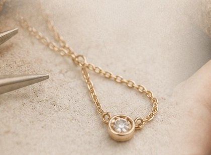A finished restored gold necklace with a bezel-set stone