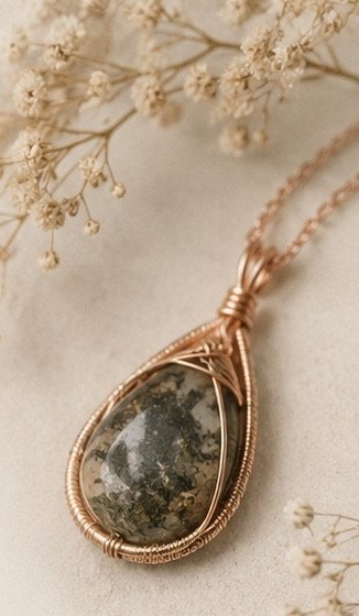 A wire-wrapped gemstone pendant, an example of custom revival work