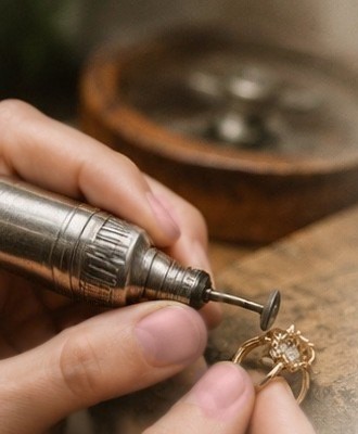 Setting a stone into a gold ring at the workbench